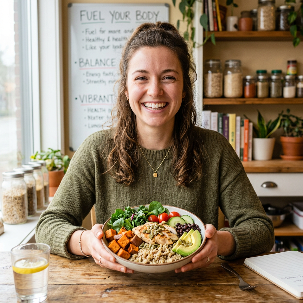 Smiling woman holding a bowl with quinoa, avocado, cherry tomatoes, spinach, sweet potatoes, chicken, and black beans