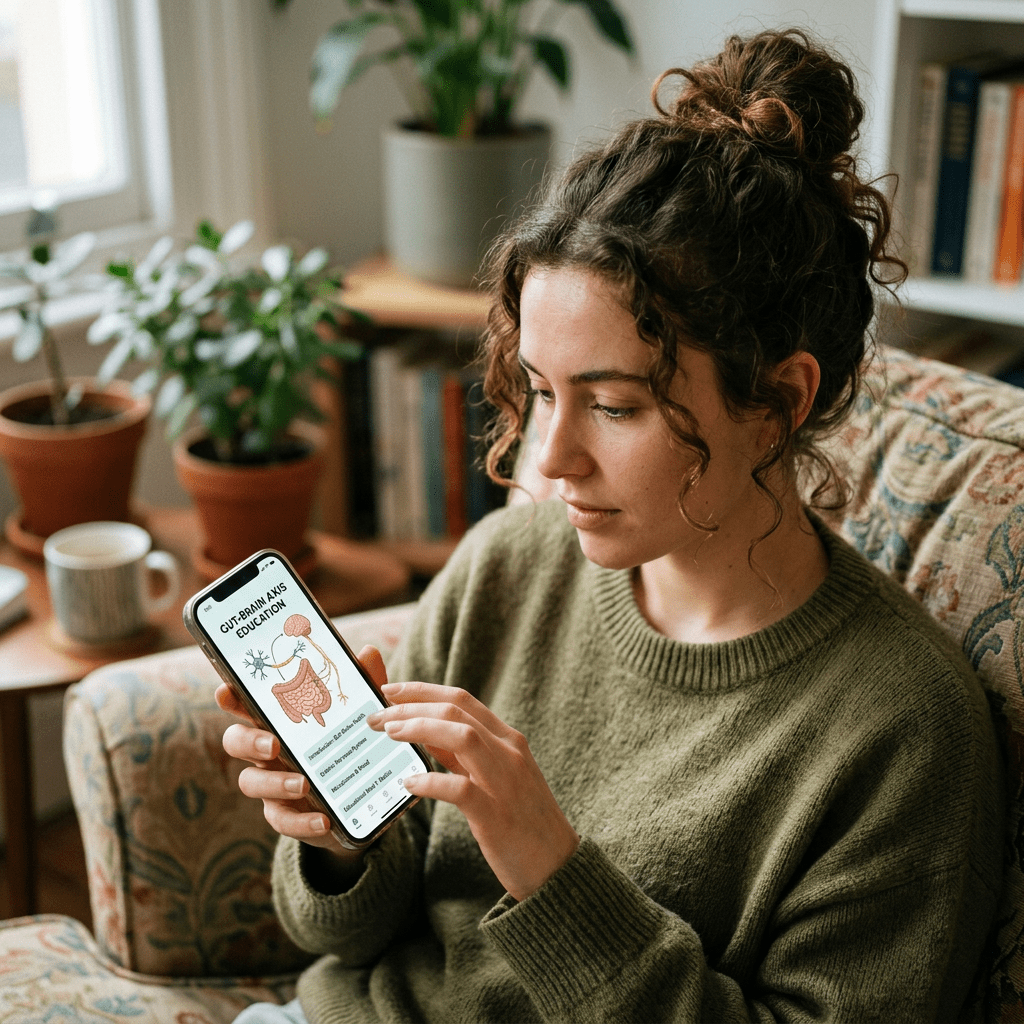 Woman holding smartphone displaying educational content about the gut-brain axis with an anatomical illustration