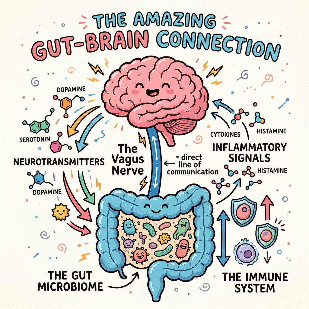 Infographic text: THE AMAZING GUT-BRAIN CONNECTION; neurotransmitters, dopamine, serotonin, the vagus nerve, direct line of communication, cytokines, inflammatory signals, histamine, the gut microbiome, and the immune system.